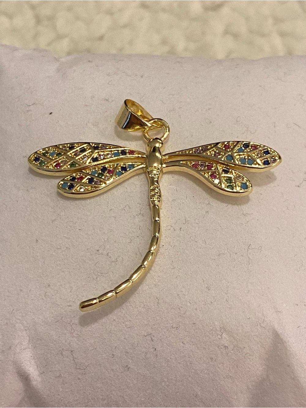 Gold-tone Dragonfly Pendant with Multicolor Gem Accents